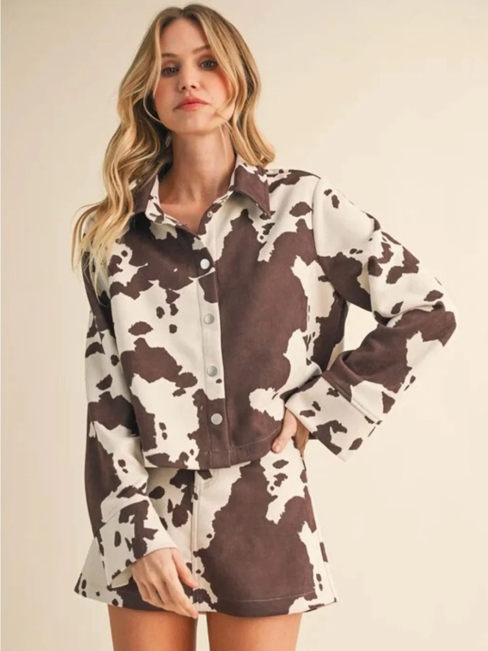 Cow Print Cropped Button Jacket - Brown & Cream